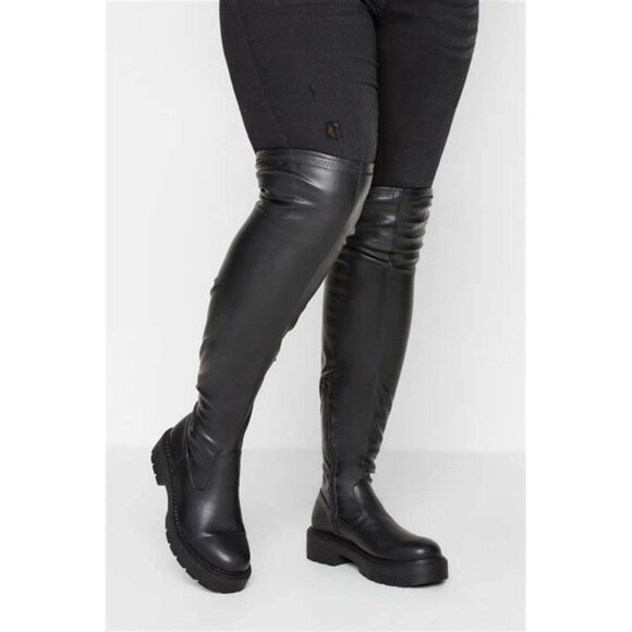 nwt ASOS Yours Clothing, Over The Knee Pull-On Chunky Cleat Boots in Black (11W) - Picture 1 of 14